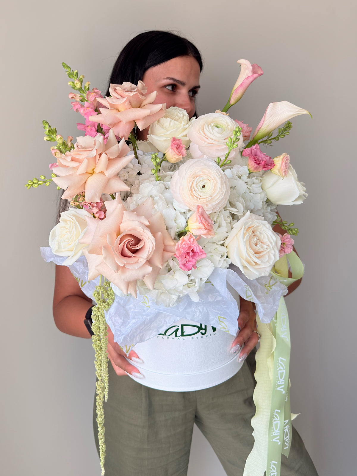 FLOWER BOX “BLUSH IVORY” — ROSES, HYDRANGEA, RANUNCULUS, CALLA LILIES, STOCK