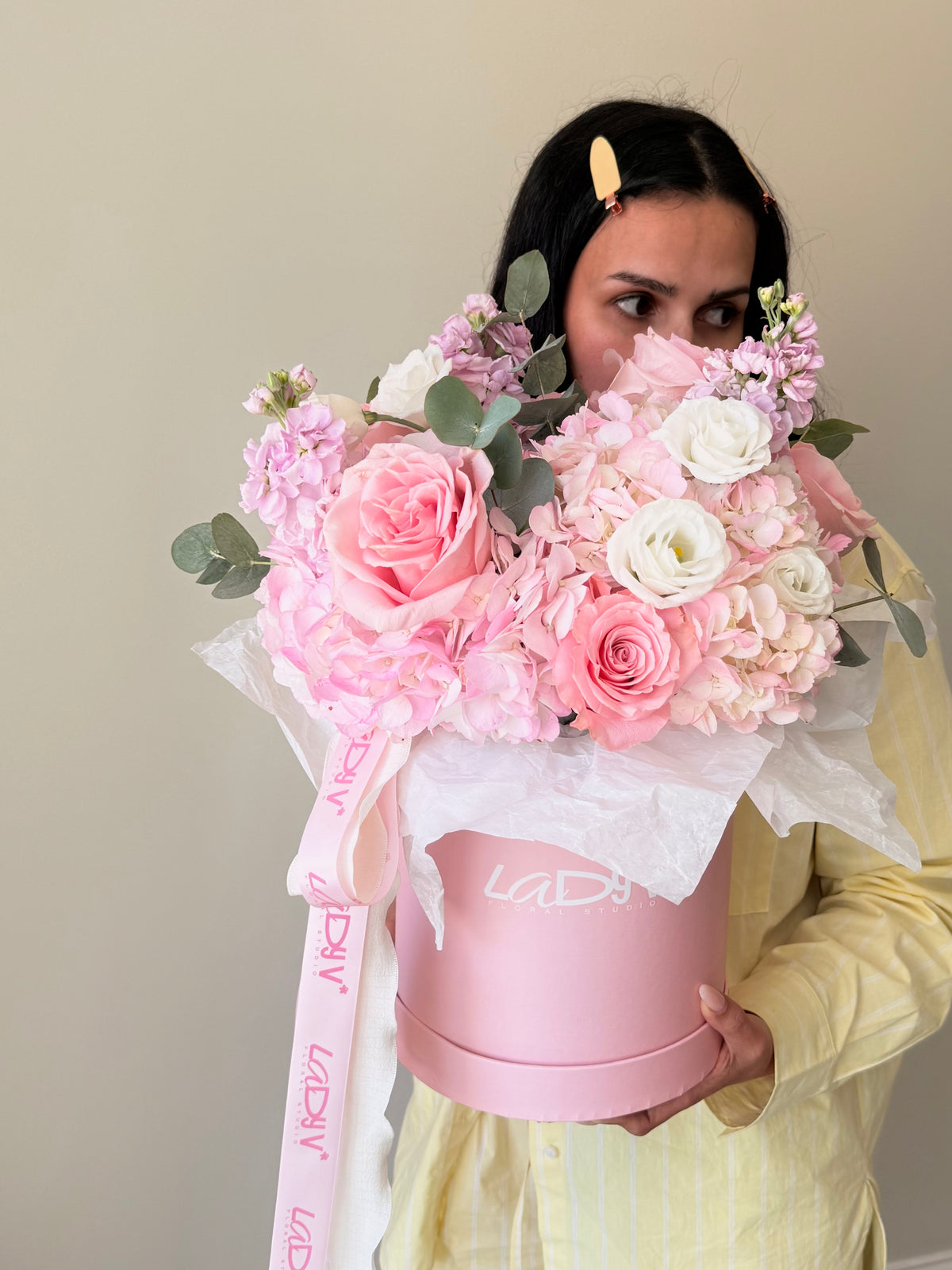 FLOWER BOX “BLUSH COUTURE” — PREMIUM ROSES, HYDRANGEAS, LISIANTHUS, STOCK, EUCALYPTUS